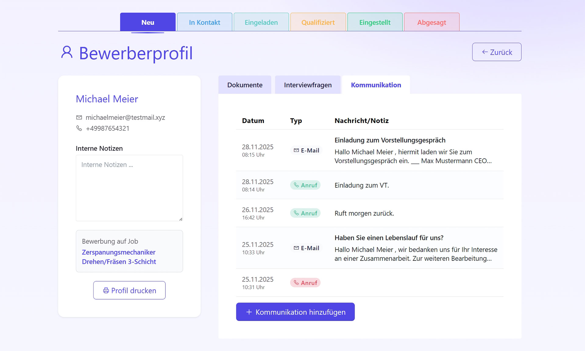 Produkt-Screenshot fulda.jobs: Bewerberprofil/Kommunikation
