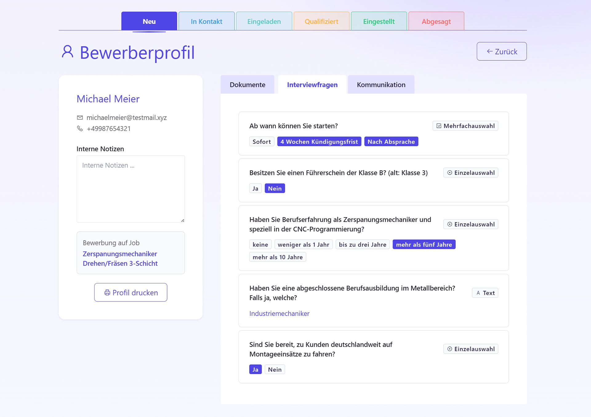 Produkt-Screenshot fulda.jobs: Bewerberprofil