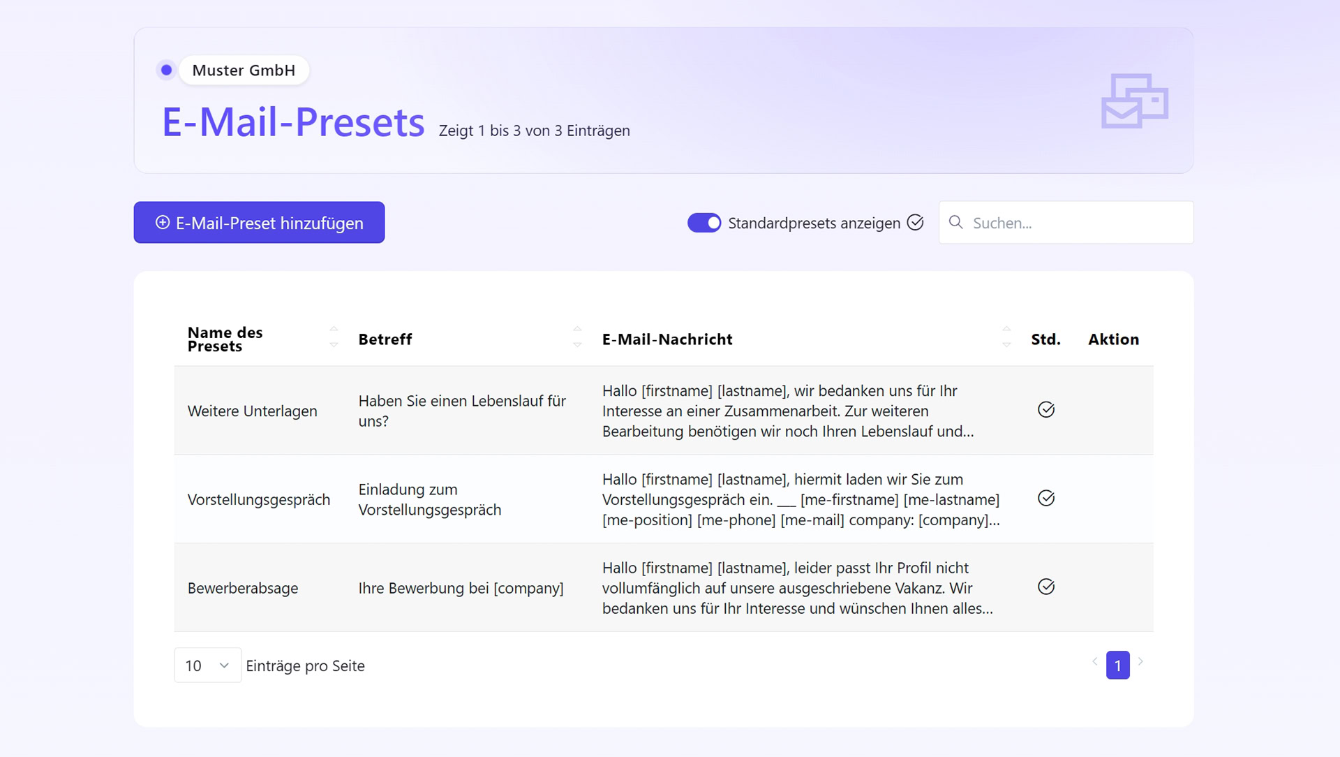 Produkt-Screenshot fulda.jobs: E-Mail-Presets